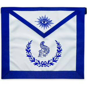 Blue Lodge Senior Steward Apron – Masonic Officer Regalia with Machine Embroidered Wreath & Cornucopia – Royal Blue Ribbon Detailing