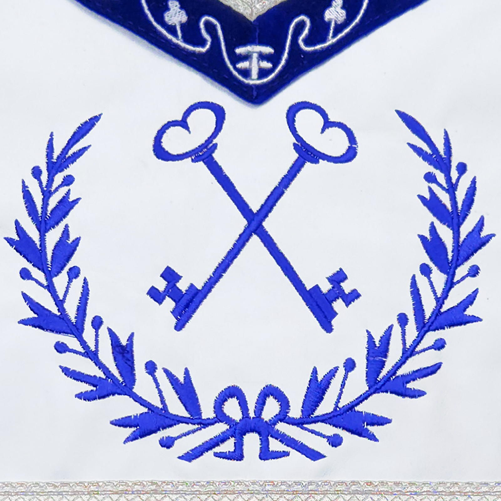 Blue Lodge Treasurer Apron – Masonic Officer Regalia with Machine Embroidered Wreath & Square – White Embroidered Detailing on Deep Blue Velvet - Image 2