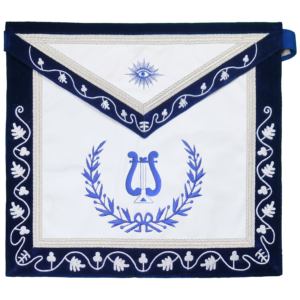 Blue Lodge Musician Apron – Masonic Officer Regalia with Machine Embroidered Lyre – White Embroidered Detailing on Deep Blue Velvet