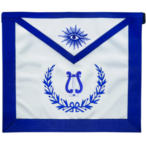 Blue Lodge Musician Apron – Masonic Officer Regalia with Machine Embroidered Wreath & Lyre – Royal Blue Ribbon Detailing