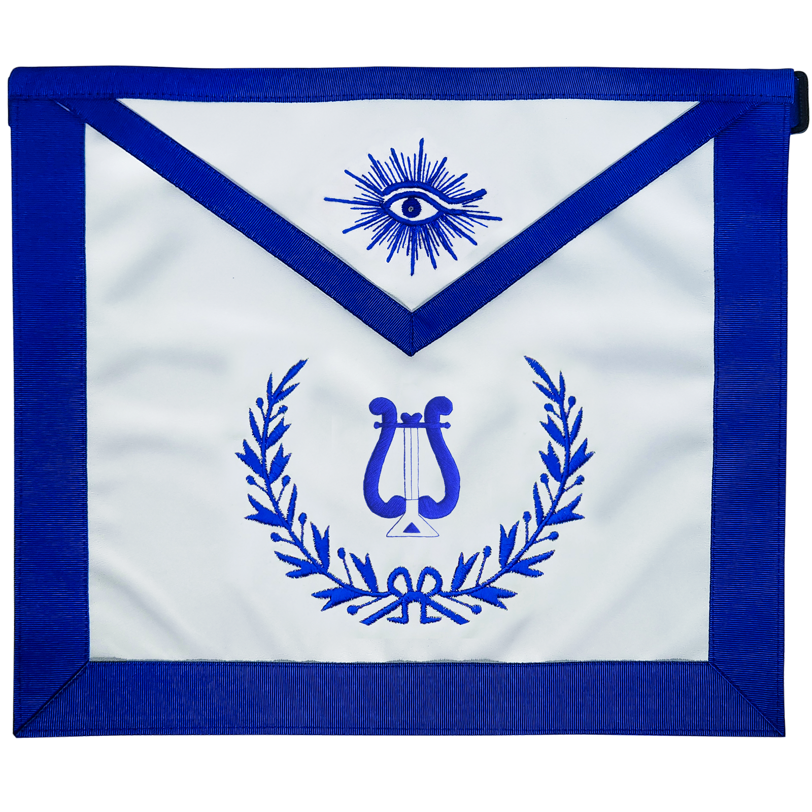 Blue Lodge Musician Apron – Masonic Officer Regalia with Machine Embroidered Wreath & Lyre – Royal Blue Ribbon Detailing