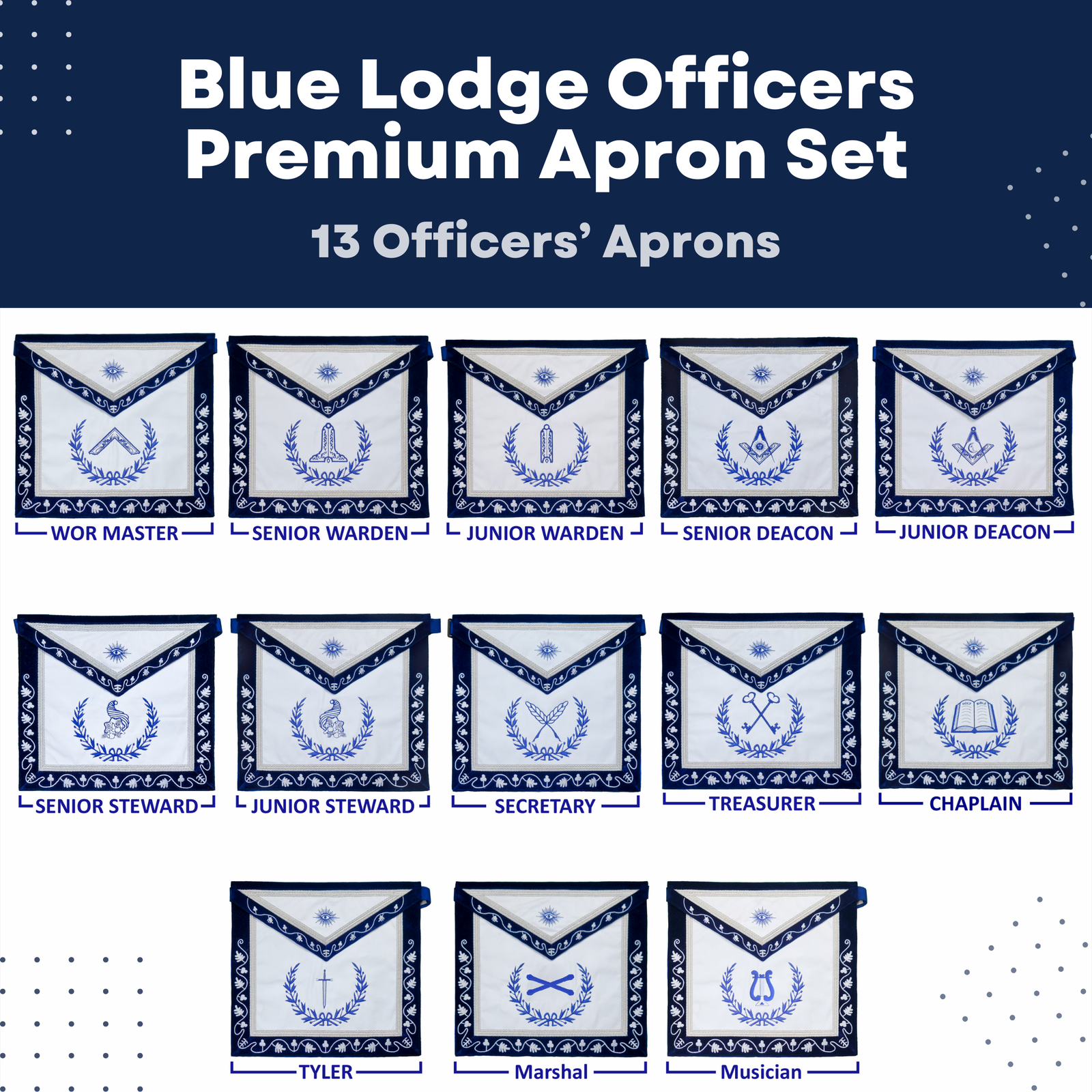 Blue Lodge Officers Premium Apron Set of13