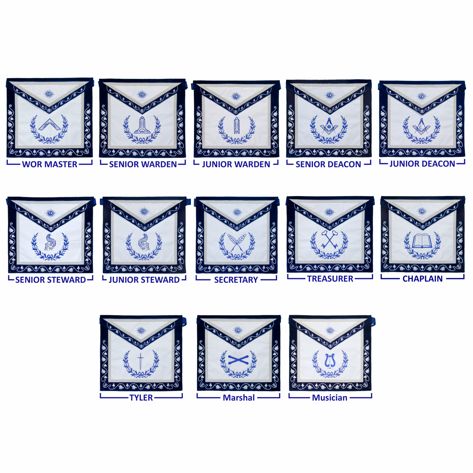 Blue Lodge Masonic Officers Complete Premium Set — Velvet Vine Aprons, Chain Collars & Silver Jewels (Set of 13) - Image 2