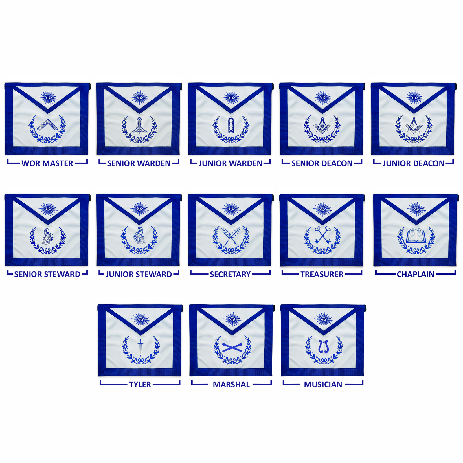 Blue Lodge Masonic Officers Complete Value Set — Royal Blue Aprons, Chain Collars & Silver Jewels (Set of 13) - Image 2