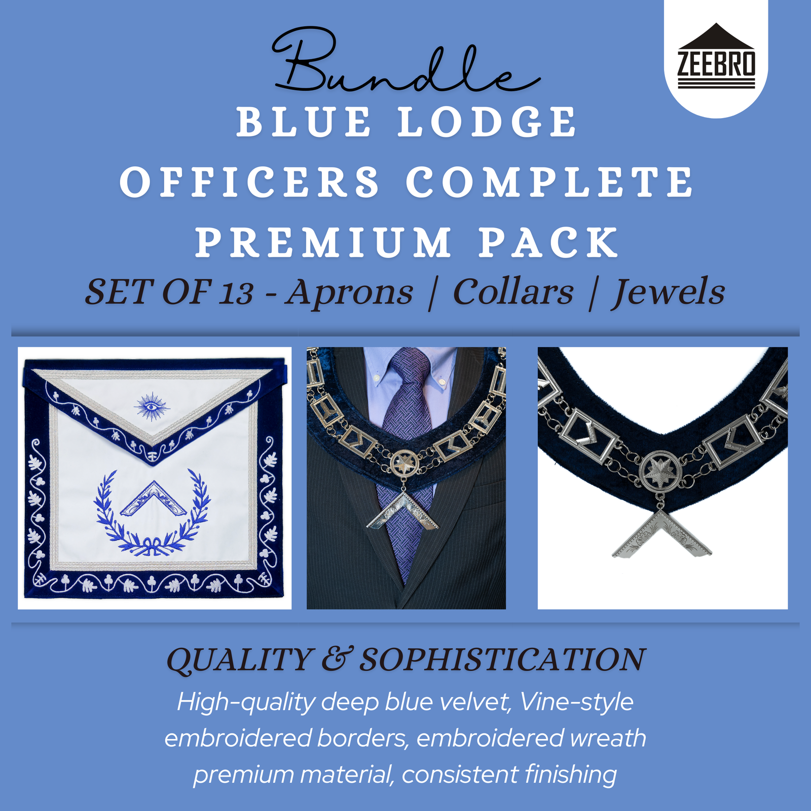 Blue Lodge Masonic Officers Complete Premium Set — Velvet Vine Aprons, Chain Collars & Silver Jewels (Set of 13)