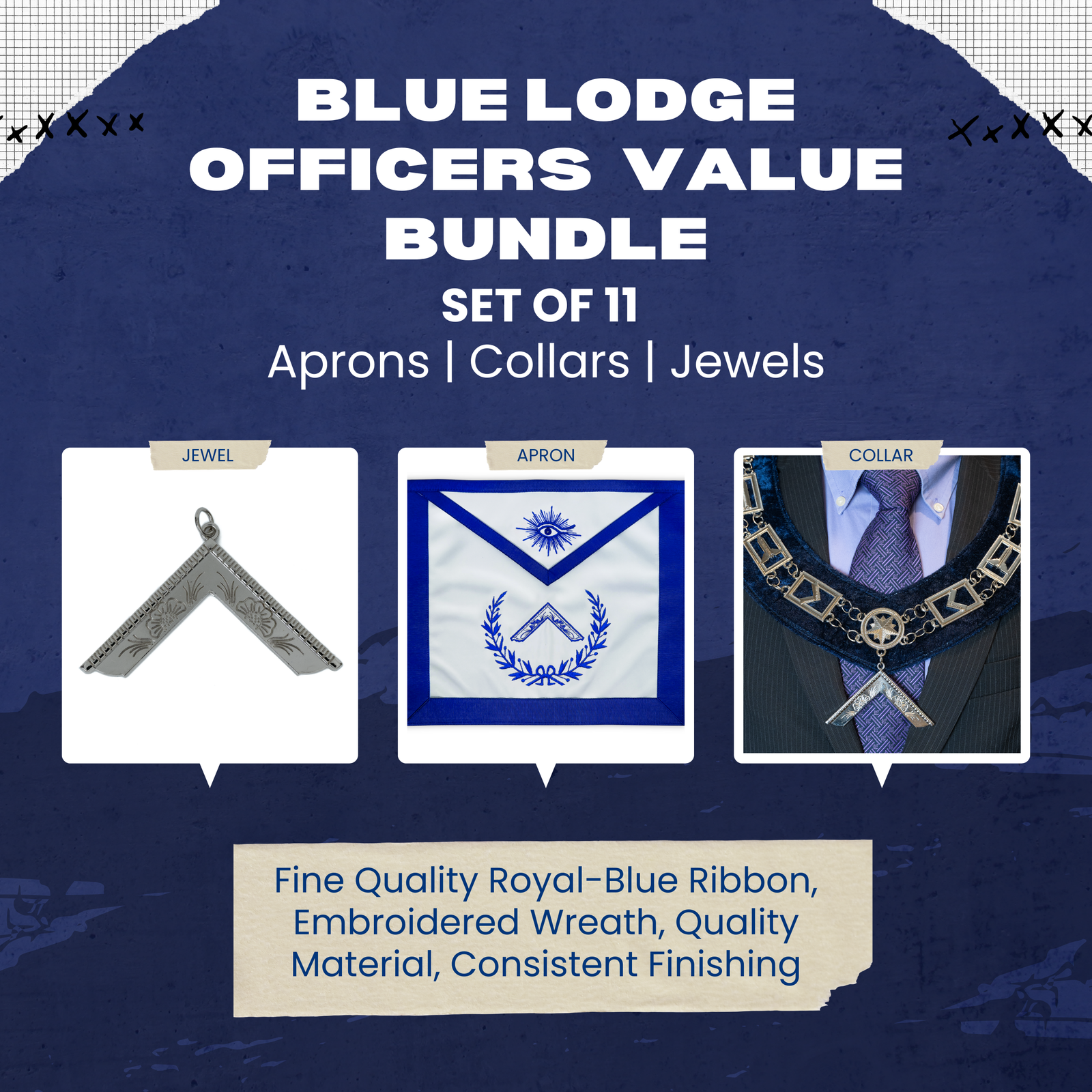 Blue Lodge Masonic Officers Complete Value Set — Royal Blue Aprons, Chain Collars & Silver Jewels (Set of 11)