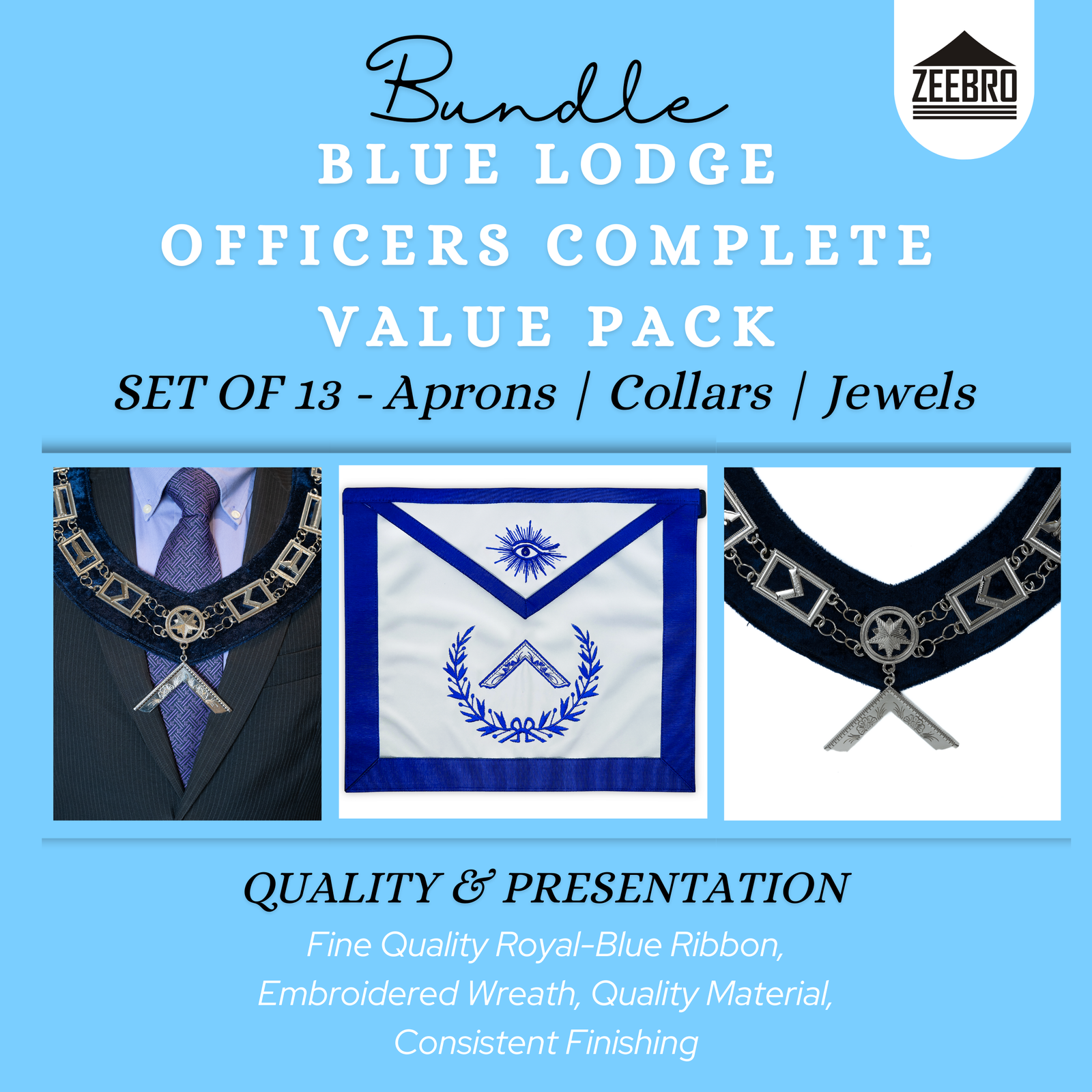 Blue Lodge Masonic Officers Complete Value Set — Royal Blue Aprons, Chain Collars & Silver Jewels (Set of 13)