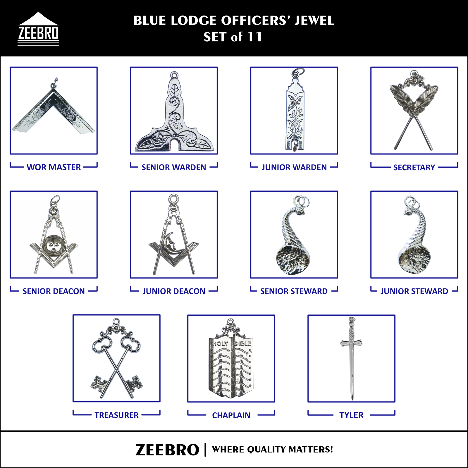 Blue Lodge Masonic Officers Complete Value Set — Royal Blue Aprons, Chain Collars & Silver Jewels (Set of 11) - Image 4