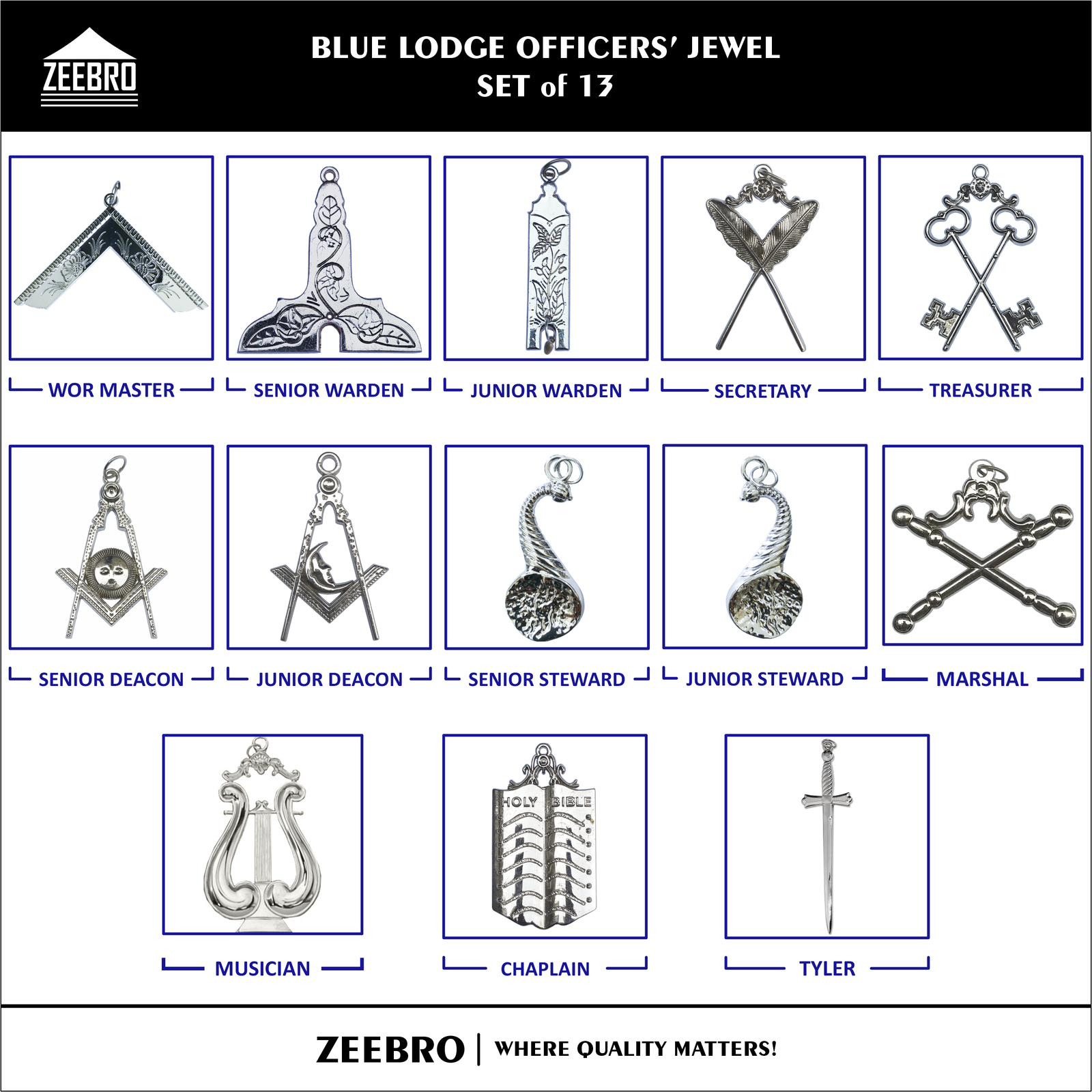 Blue Lodge Masonic Officers Complete Premium Set — Velvet Vine Aprons, Chain Collars & Silver Jewels (Set of 13) - Image 4