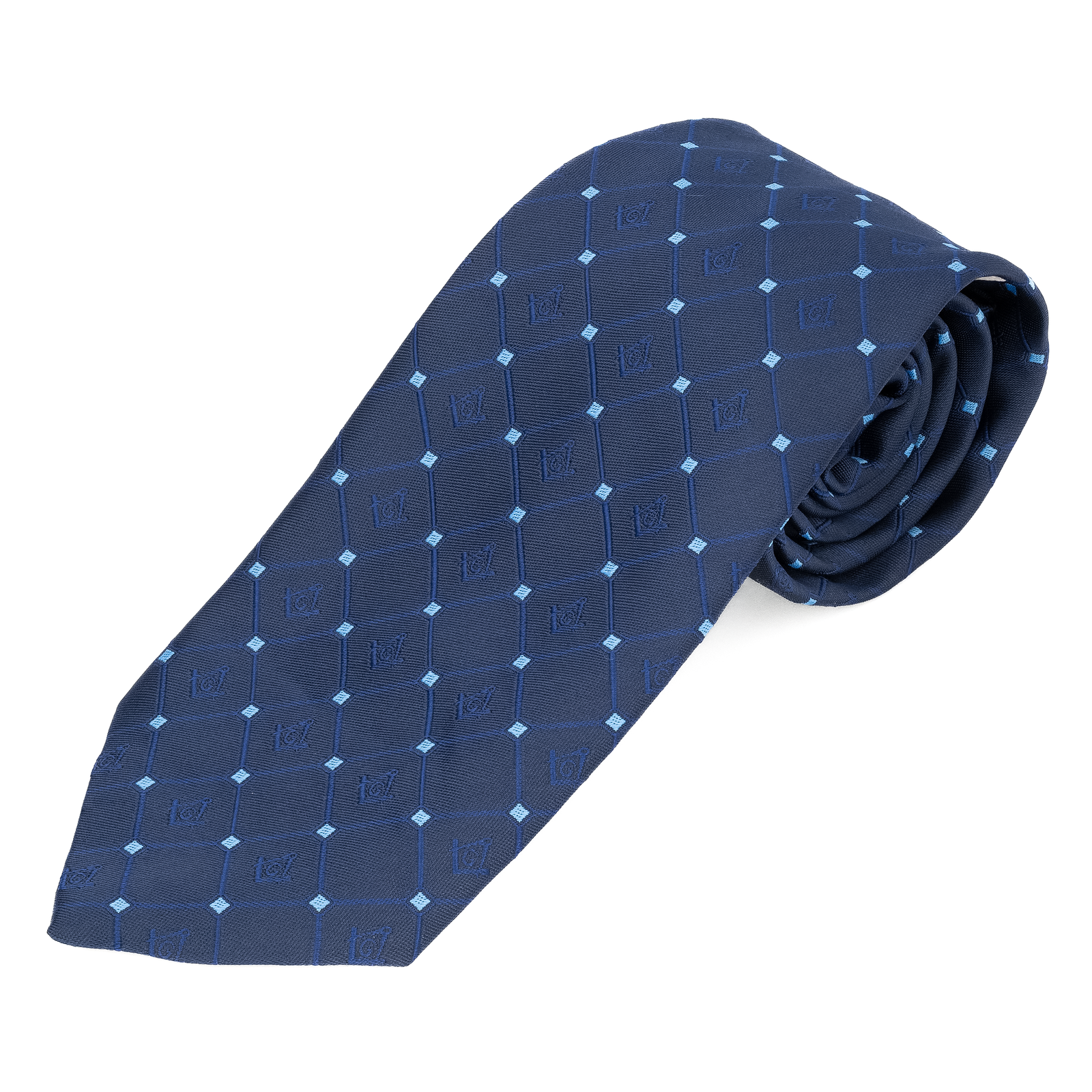 Navy Blue Masonic Tie – Diamond-Check Pattern with Sky Blue Accent – Square & Compass Design