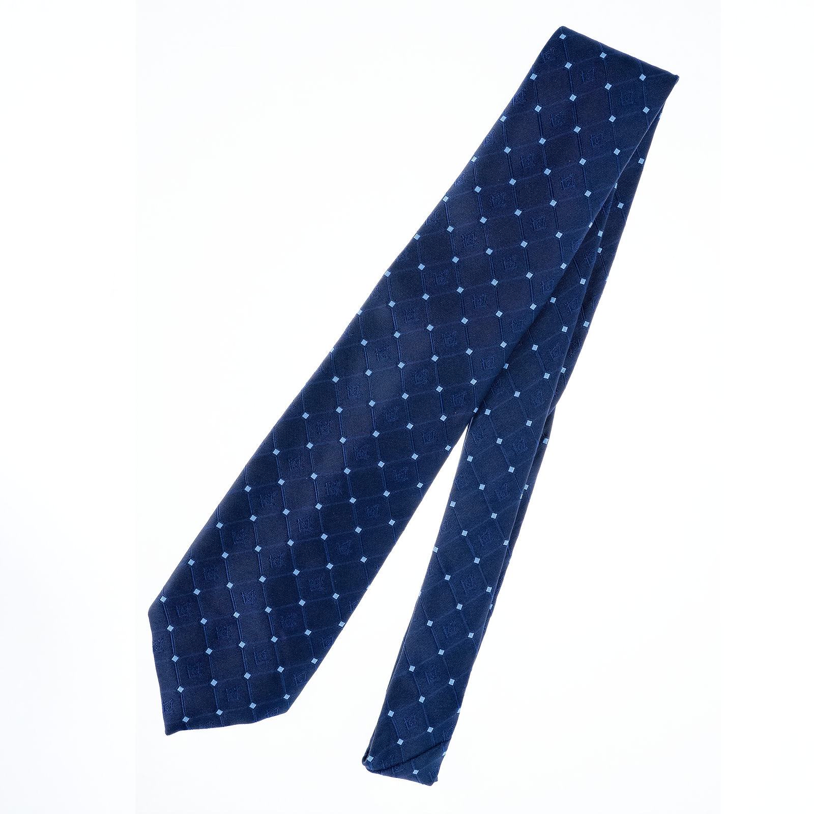 Navy Blue Masonic Tie – Diamond-Check Pattern with Sky Blue Accent – Square & Compass Design - Image 2