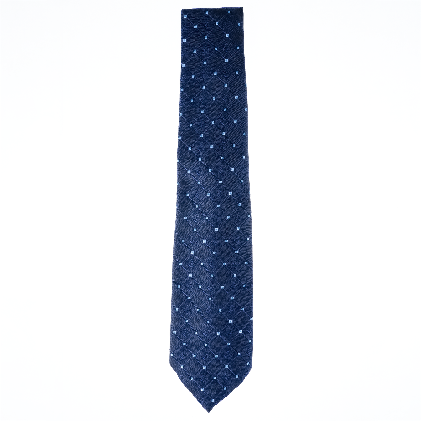 Navy Blue Masonic Tie – Diamond-Check Pattern with Sky Blue Accent – Square & Compass Design - Image 3