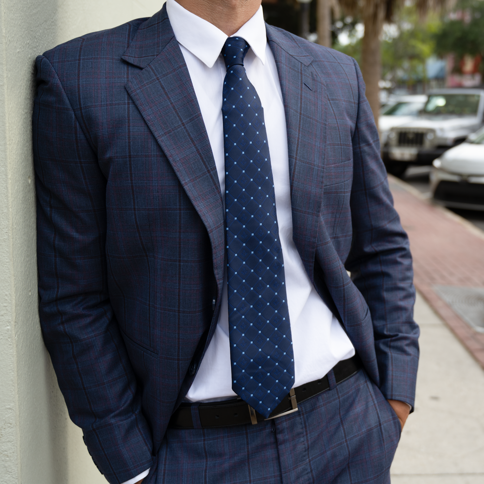 Navy Blue Masonic Tie – Diamond-Check Pattern with Sky Blue Accent – Square & Compass Design - Image 4
