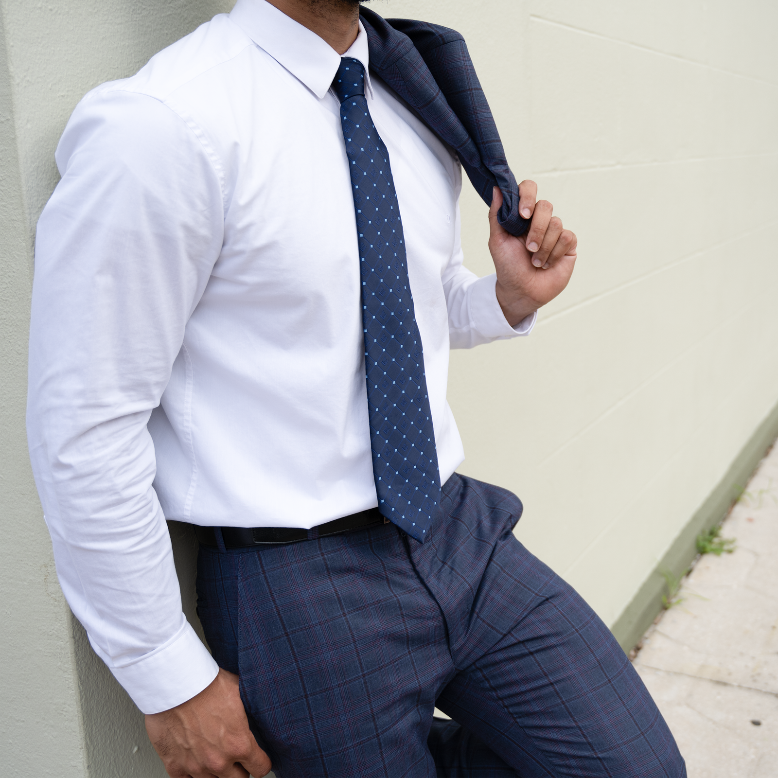 Navy Blue Masonic Tie – Diamond-Check Pattern with Sky Blue Accent – Square & Compass Design - Image 5