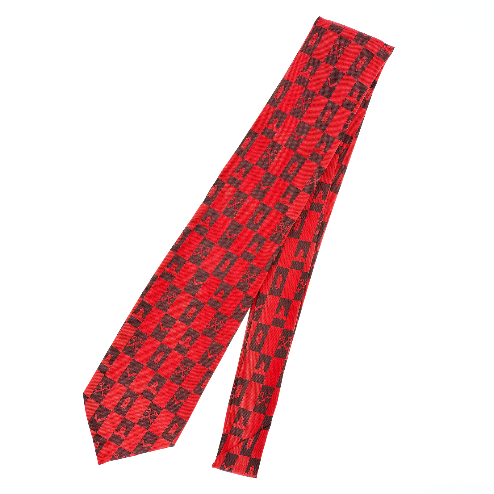 Red Masonic Tie – Architectural Block Pattern with Masonic Working Tools Design - Image 2