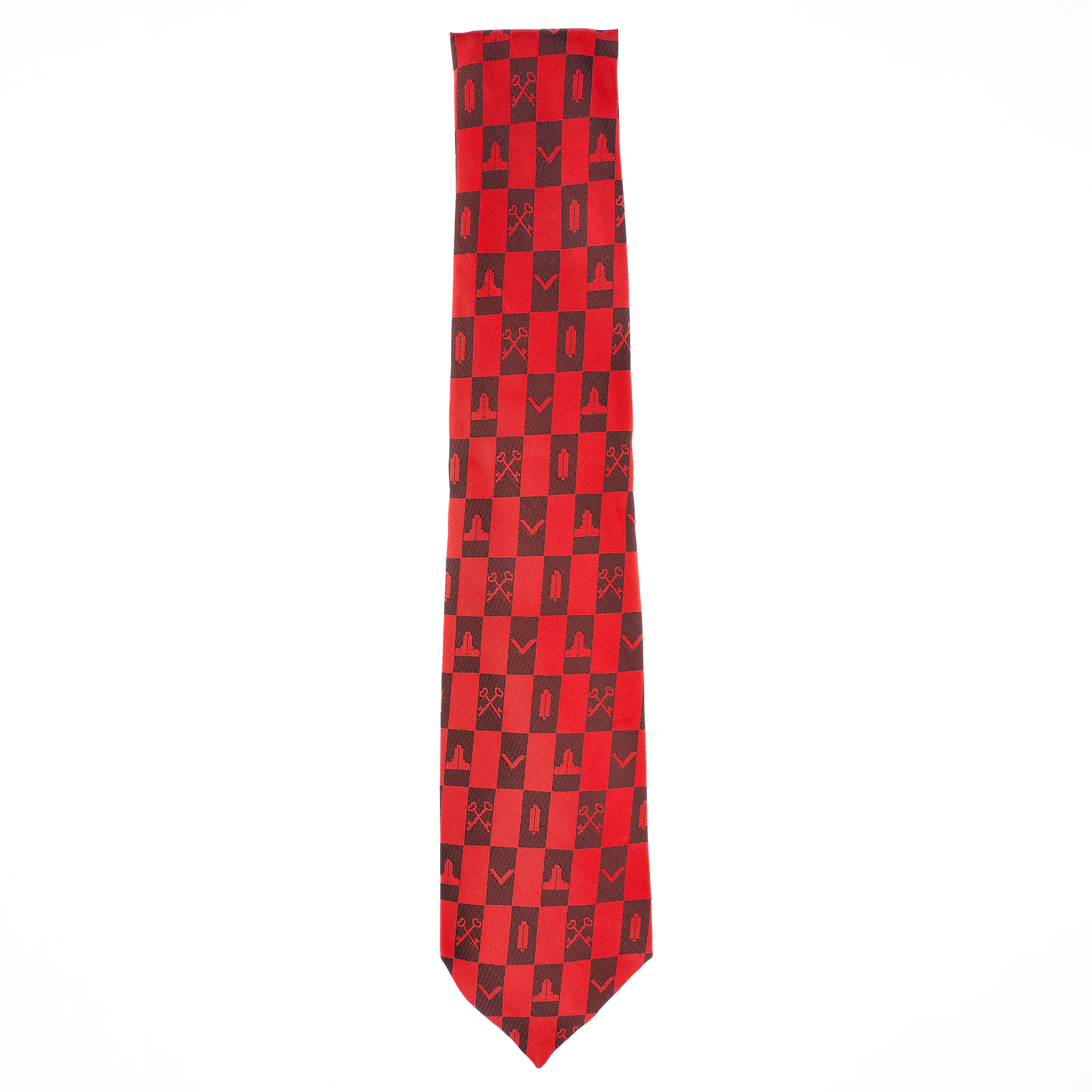 Red Masonic Tie – Architectural Block Pattern with Masonic Working Tools Design - Image 3