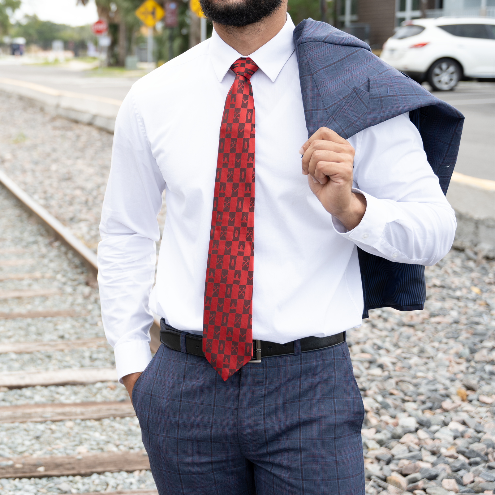 Red Masonic Tie – Architectural Block Pattern with Masonic Working Tools Design - Image 4