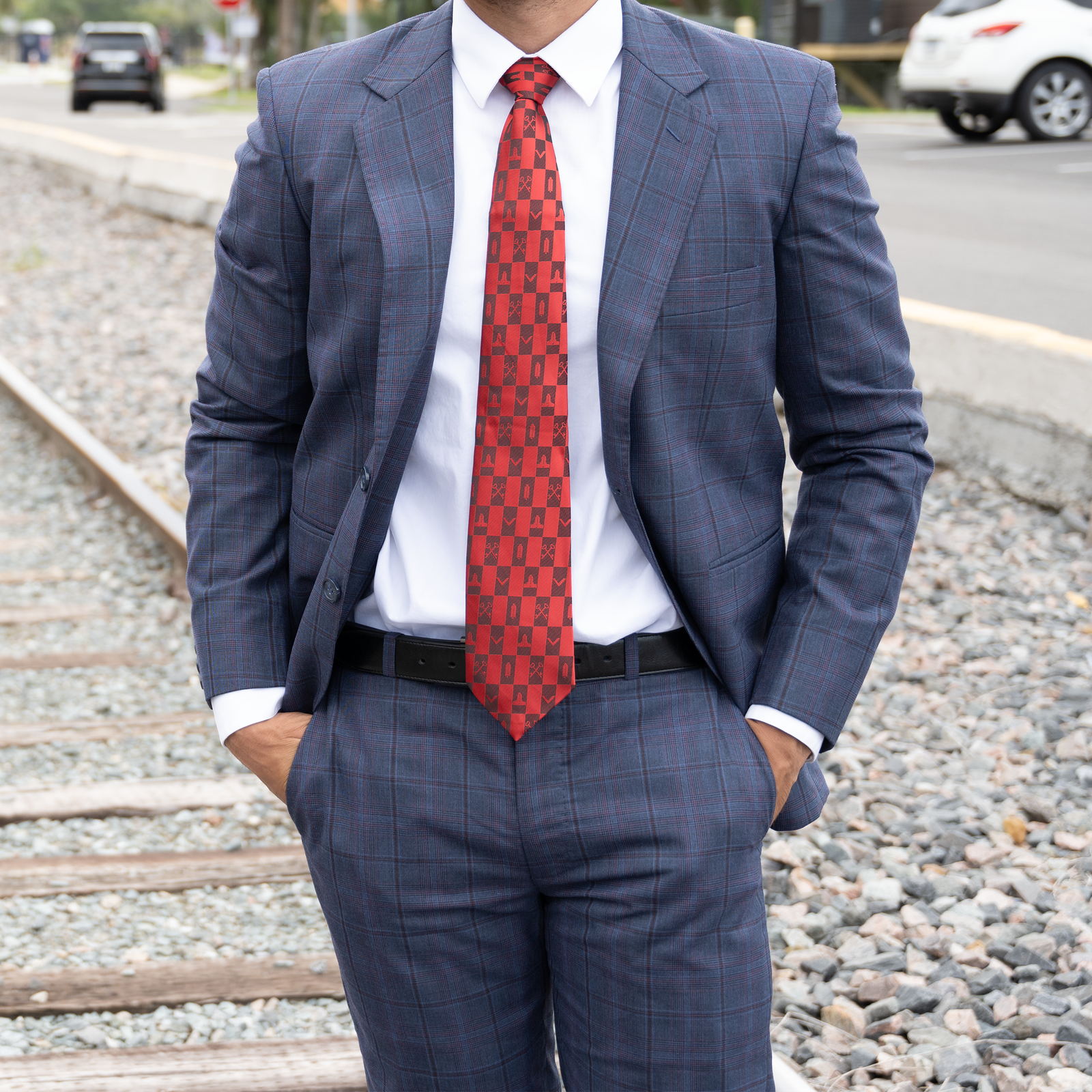 Red Masonic Tie – Architectural Block Pattern with Masonic Working Tools Design - Image 5