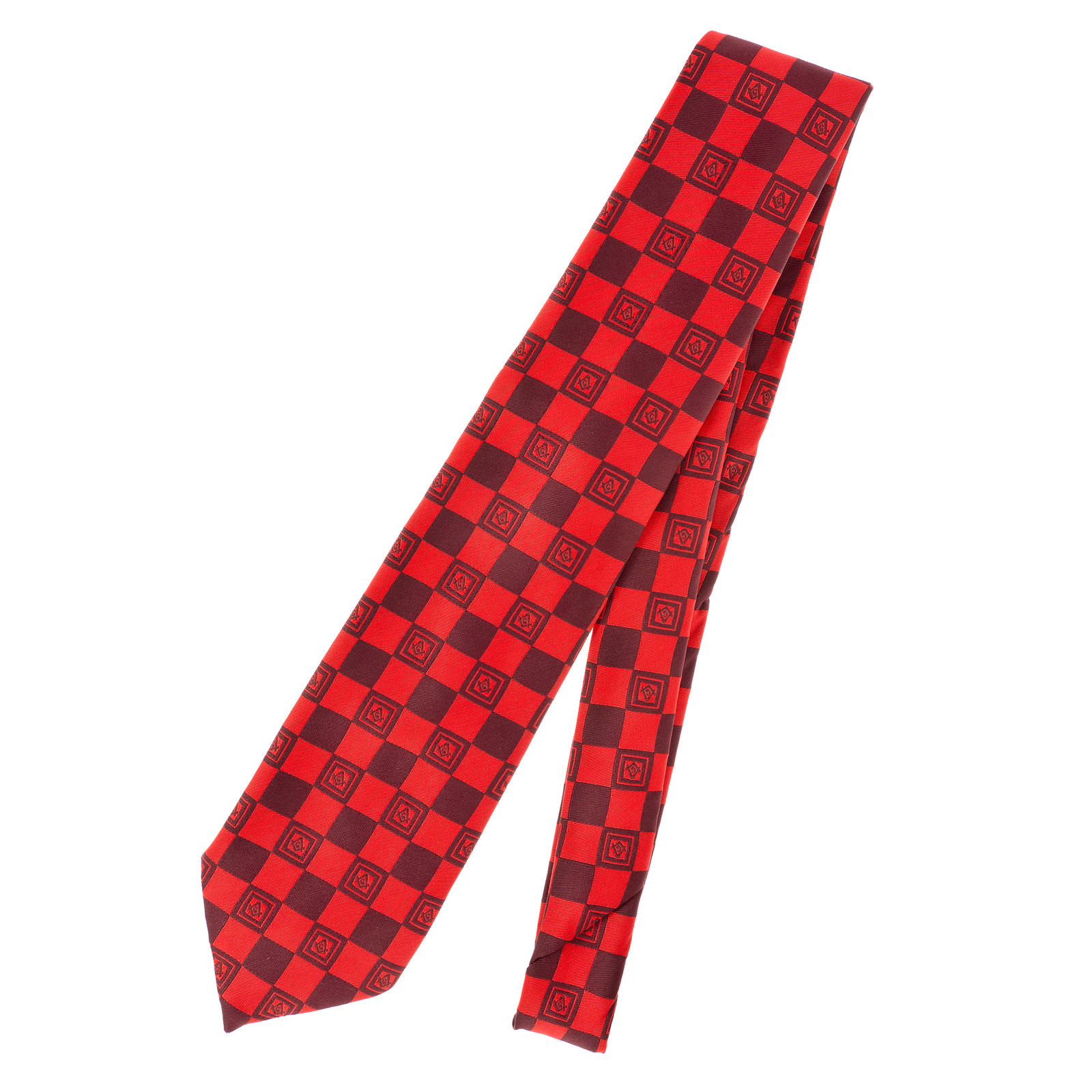 Red Masonic Tie – Geometric Square Pattern with Square & Compass Design - Image 2