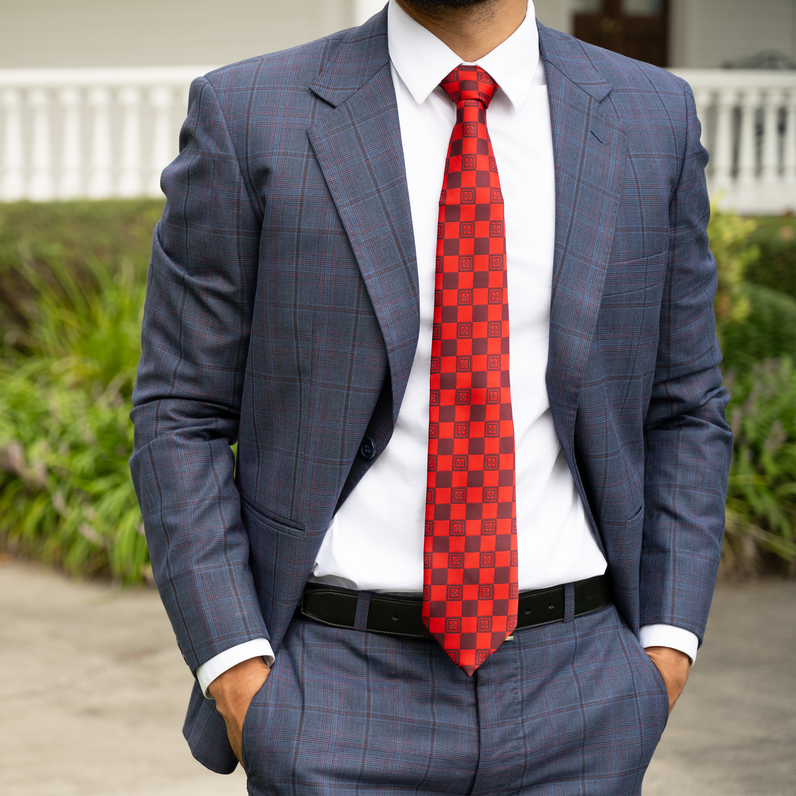 Red Masonic Tie – Geometric Square Pattern with Square & Compass Design - Image 4