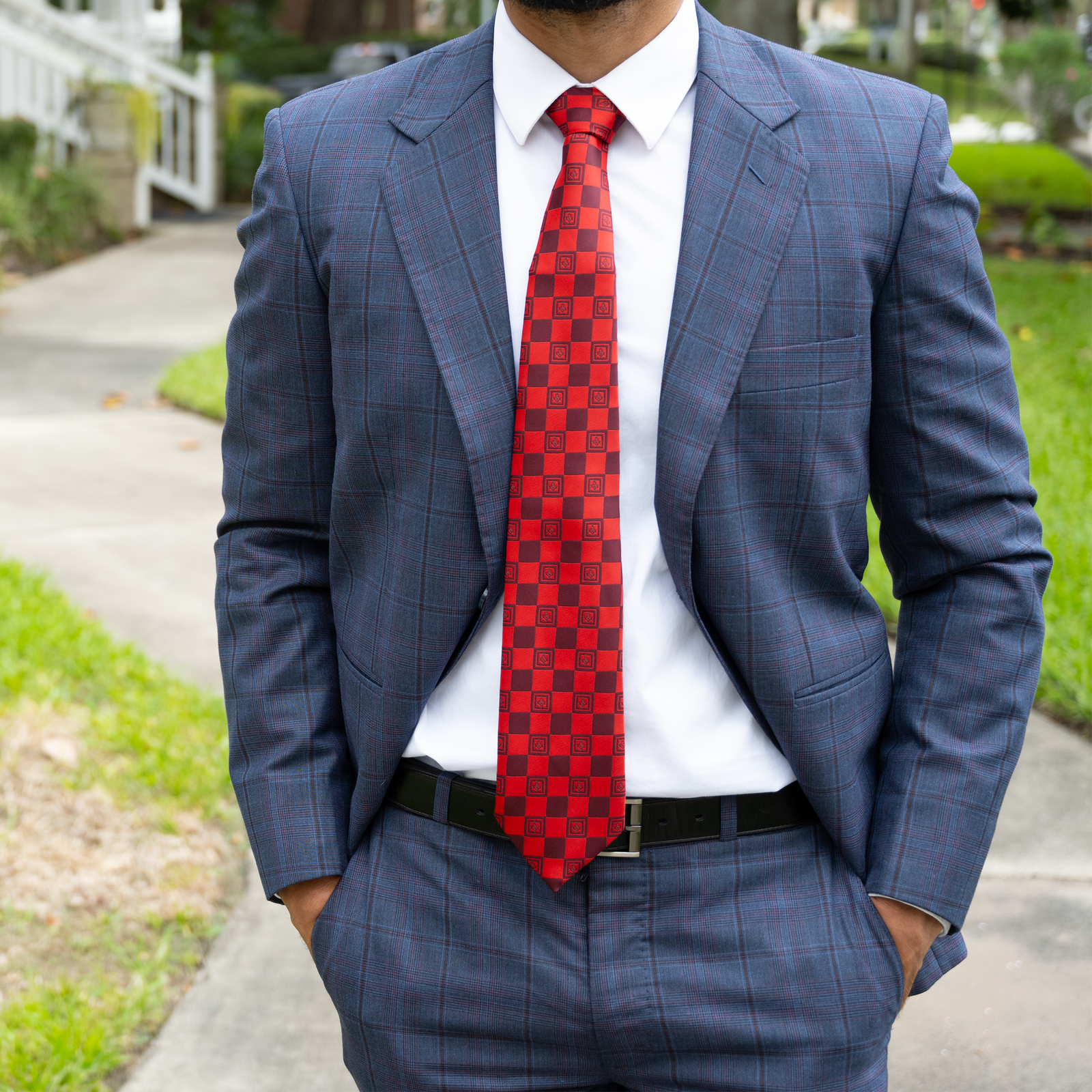 Red Masonic Tie – Geometric Square Pattern with Square & Compass Design - Image 5